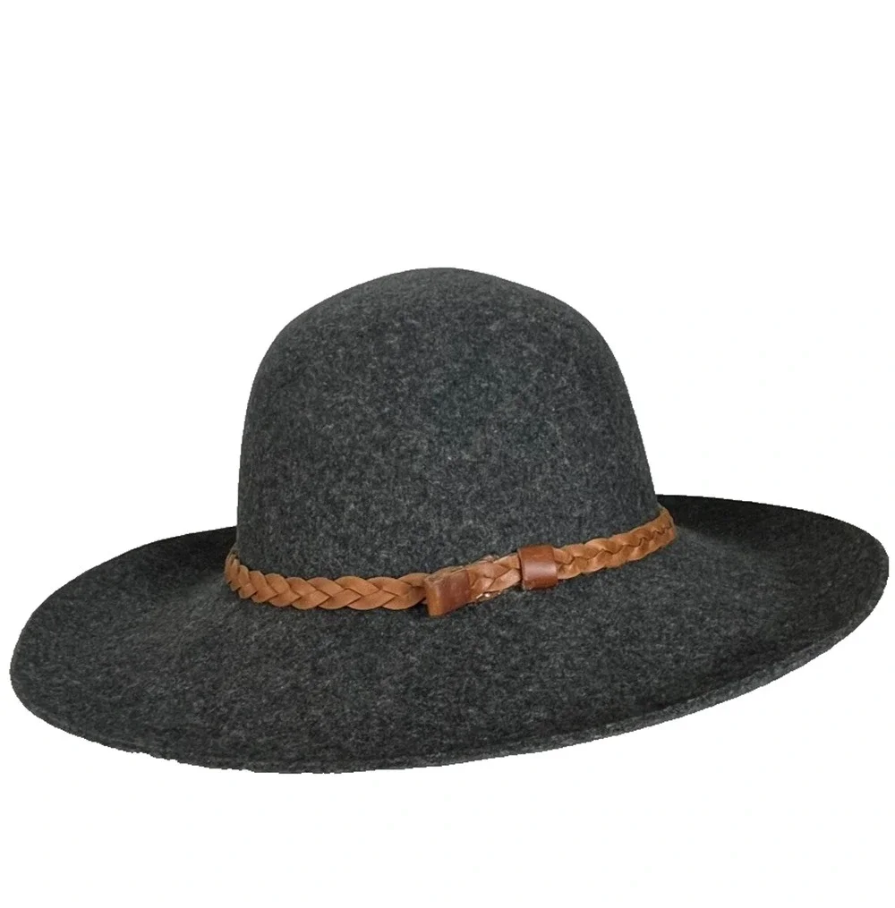 Unbranded Sun Hat Women's Wide Brim Gray 100% Wool Braided Belt Breathable